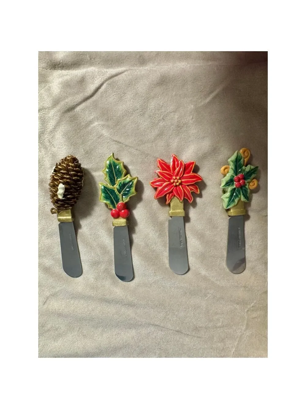 Vintage Christmas themed butter, cheese, jam spreaders Holly poinsettia pine